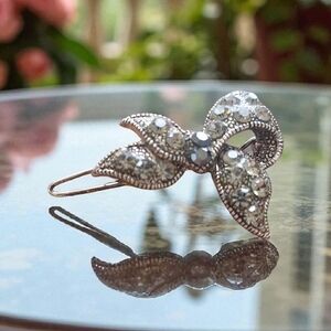 Vintage Silver Crystal Bow Hair Clip Barrette
